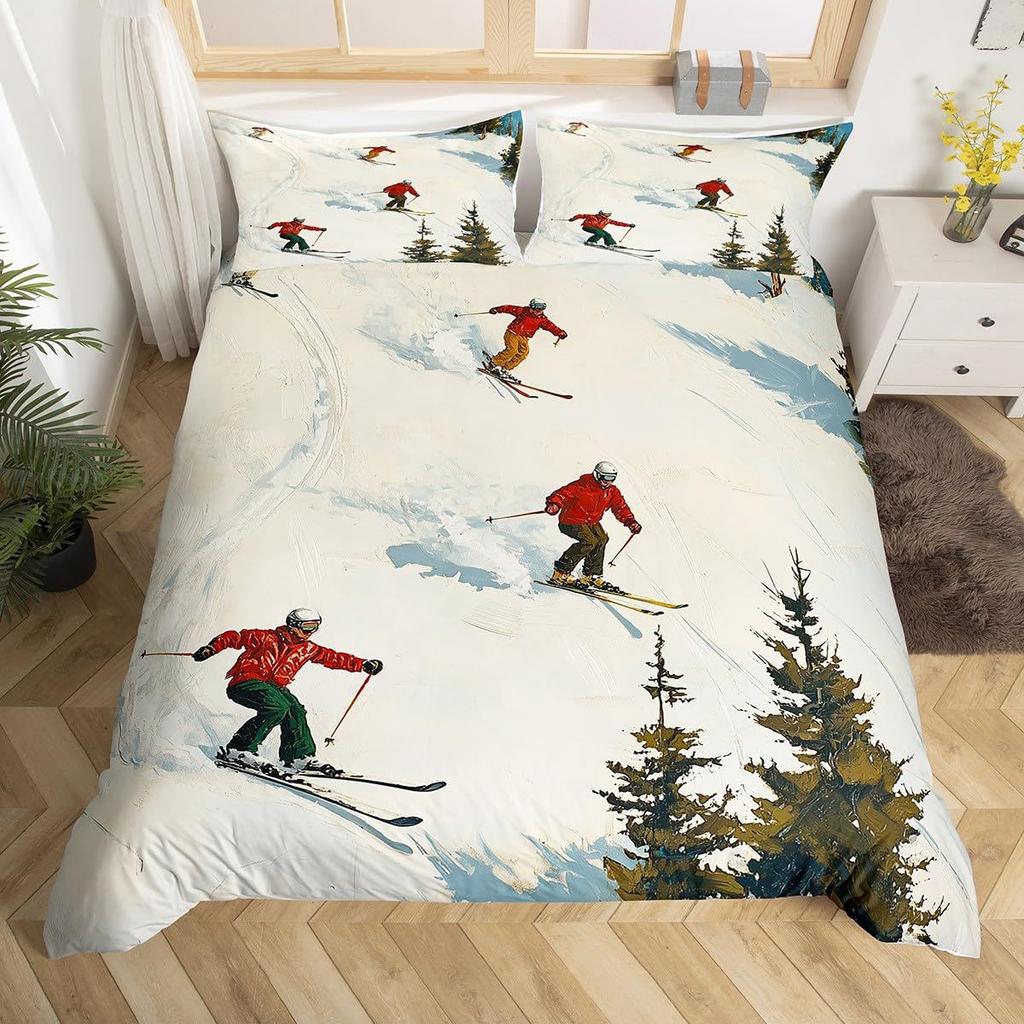 Ski Theme Duvet Cover Green Pine Cable Car Bedding Set Country Style Three-Piece Set
