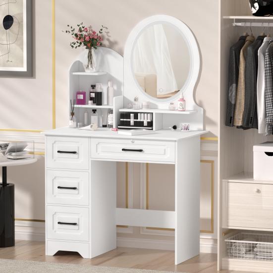 Makeup Desk with Mirror, Large Vanity Desk with Storage Shelves, 4 Drawers, Makeup Vanity Table with Light, Bedroom Dressing Table