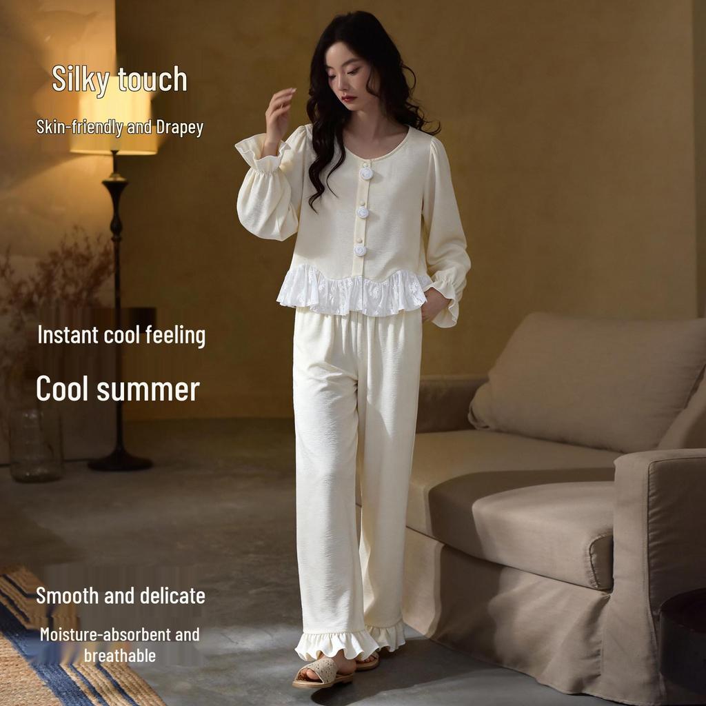 White Rose French Sweet Ice Silk Women's Pajama Set, Spring/Autumn, Long Sleeve, Indoor/Outdoor Wear