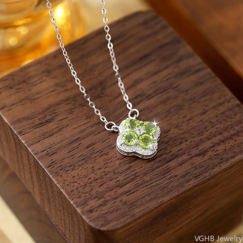 S925 Sterling Silver Natural Stone Clover Necklace Women's Simple Niche Design Heavy Industry Clavicle Chain