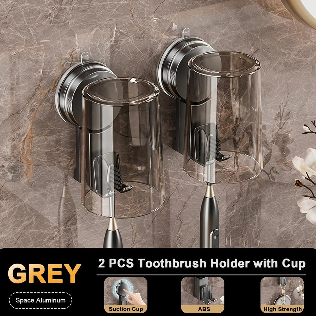 Držák na zubní kartáčky s přísavkou a dávkovačem, police do koupelny bez perforace, kelímek na ústní vodu, držák na zubní kartáčky, dezinfekční prostředek na zubní kartáčky