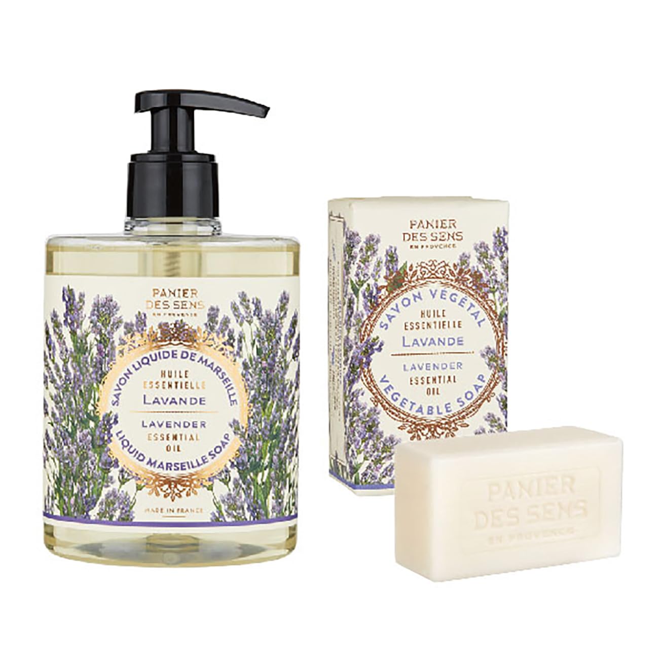 

Panierdessens Essentials Set (Liquid Marseille Soap & Vegetable Soap) - Made in France - Lavender Scent - Full Body Wash