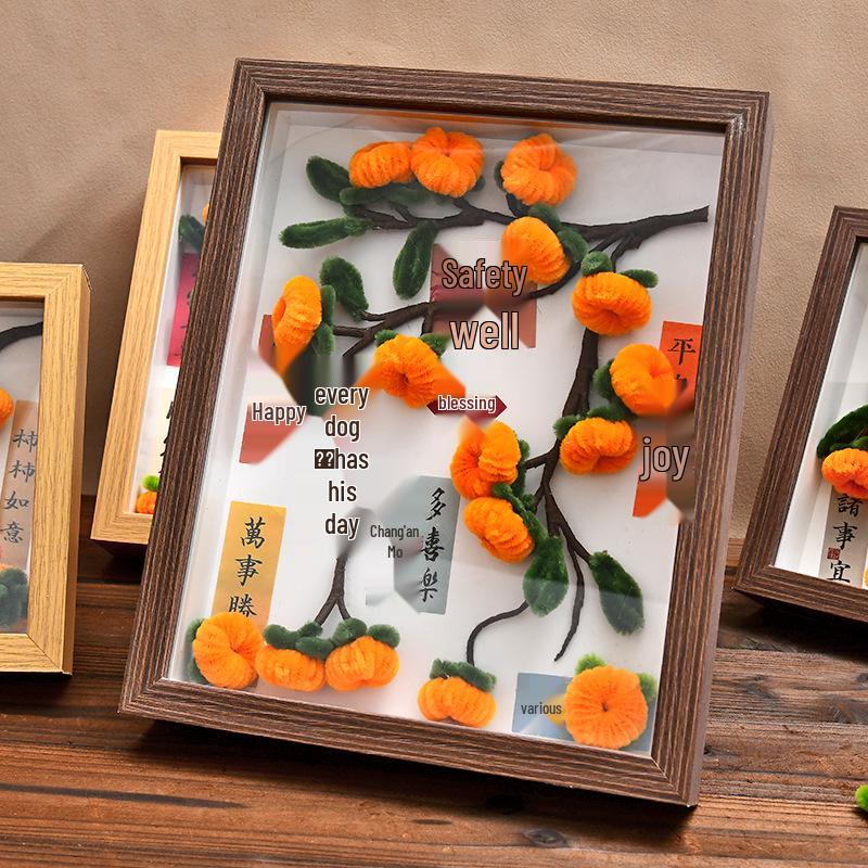 Festive Persimmon Ruyi Twist Stick DIY Photo Frame Kit with Preserved Flower Ornament Gift.
