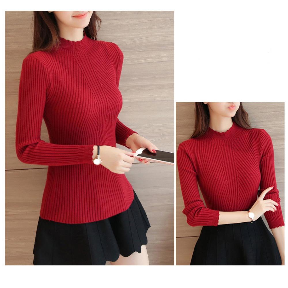 Podzimní Ženy Vysmívající se Volány za krkem Svetr Dlouhý rukáv Pletené Spodní část Pevné pulovry Proužek Pro ženy Svetr Zima
