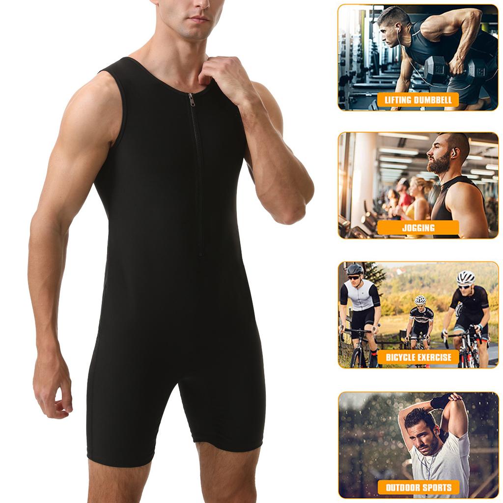 Combinaison Sauna Homme Gainant Body de Course Sweat à Fermeture Éclair Entraînement avec Short Maillot de Corps Fitness Musculation Combinaison d'Exercice Débardeur Combinaison
