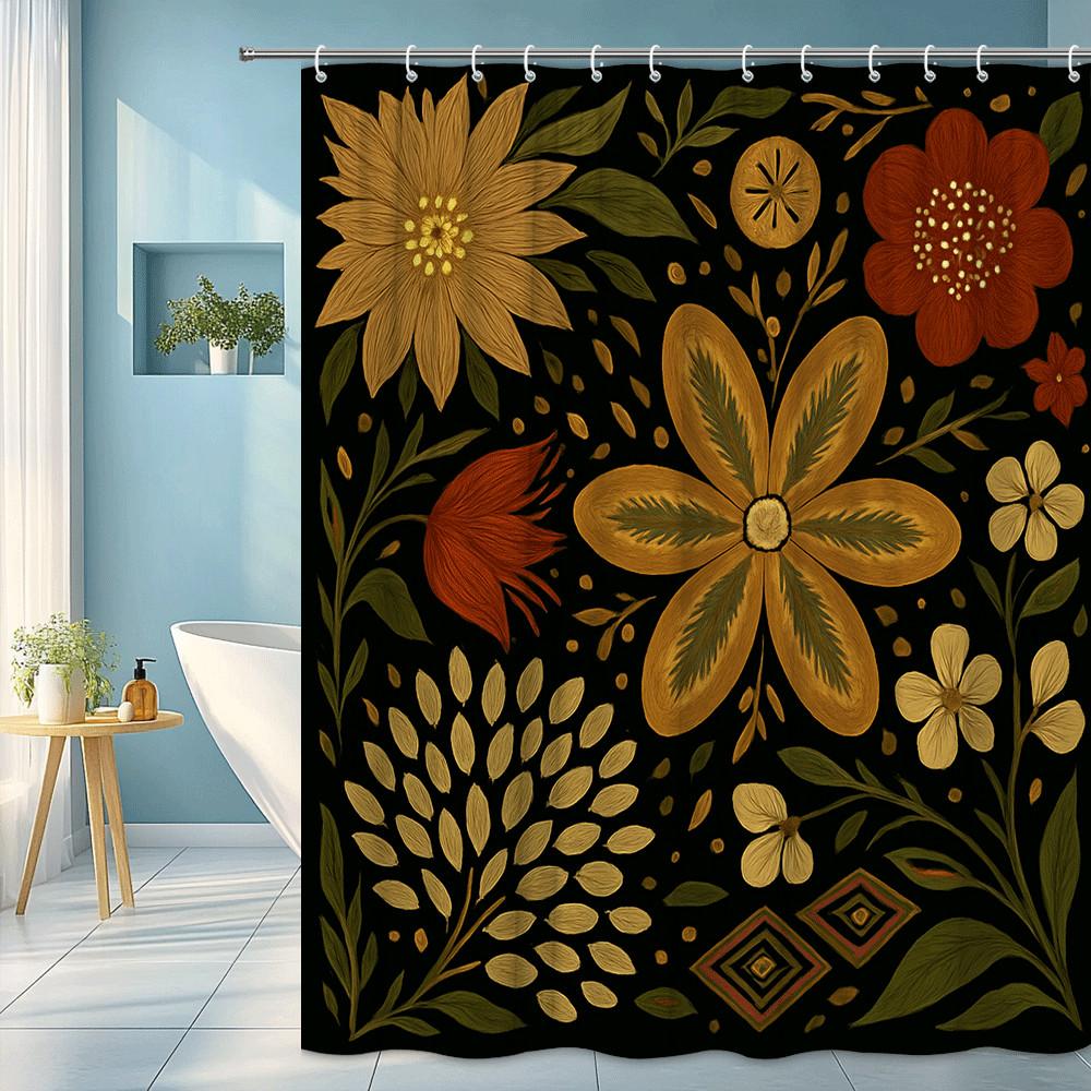 

Bold Black Floral Shower Curtain Golden And Rust Flowers Tribal Pattern Boho Artistic Design Waterproof Simple Installation W60H190(CM)-1 Pcs