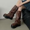 Women Round Toe Thick Soled Belt Buckle Winter Mid Calf Boots Winter Autumn Motorcycle Boot Soft Leather Side Zip