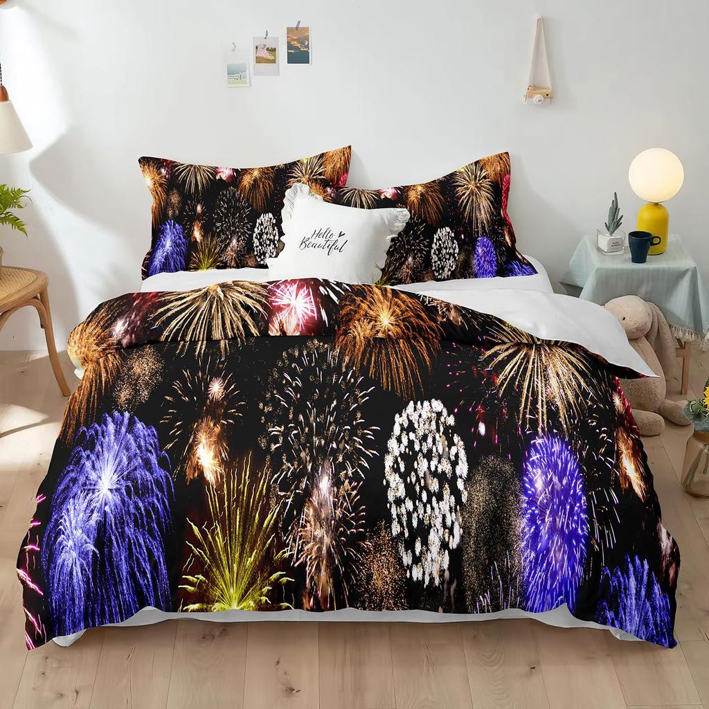Blue Fireworks Duvet Cover Set 3D Romantic Theme Beautiful City Night New Year Festival Accessories for Kids Teens Bedroom Decor