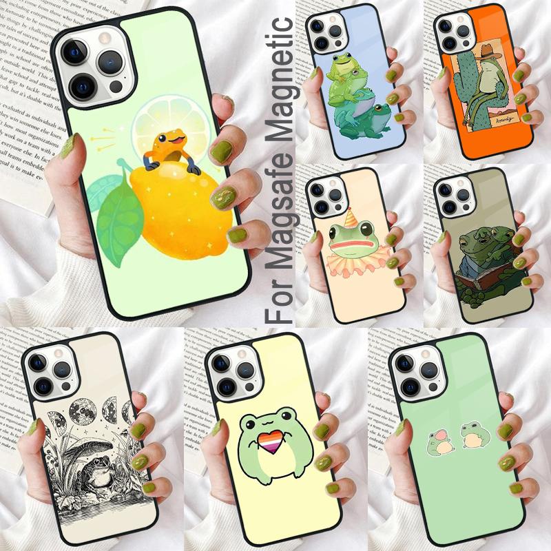 Cute Frog Cartoon Soft Phone Case for iPhone 17 Air 16e Pro max 15 Pro 13 14 Plus 11 12 MagSafe Magnetic Coque