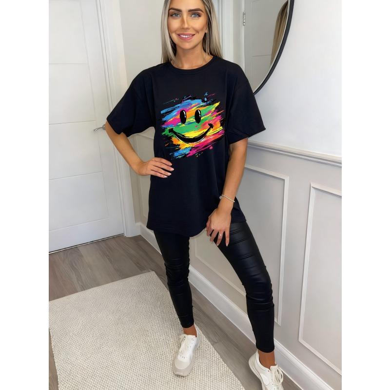 Oversized T Shirt Black Rainbow Smile Face Print Casual Wear For Women Summer Streetwear Fashion Top