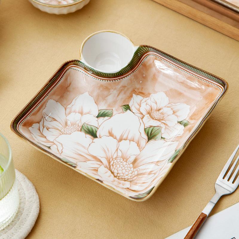 Floral Pattern Dumplings Plates Household 7.5 Inch Underglazed Colour Kitchen Tableware with Vinegar Dish Aesthetic Square Plate