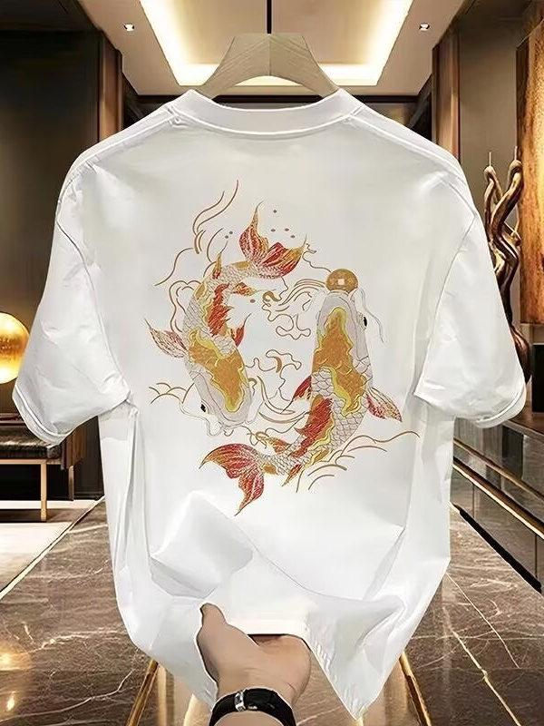 Men's New Fashion Retro  Solid Color Fish Printing Pure Cotton Short-sleeved T-shirt Men's Ruffian Handsome Large Size Top Tide