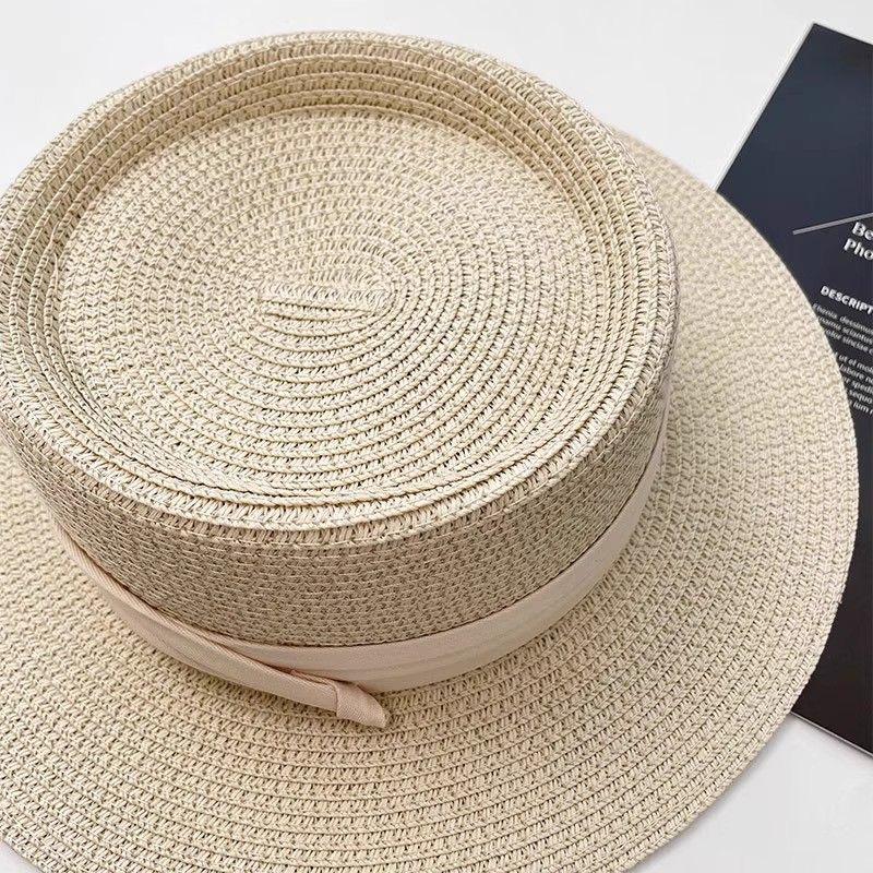 New Fashion Women Bow Flat Topped French Straw Hats Summer Wide Brim Vacation Sunshade Female Panama Hat UV Protection Beach Cap