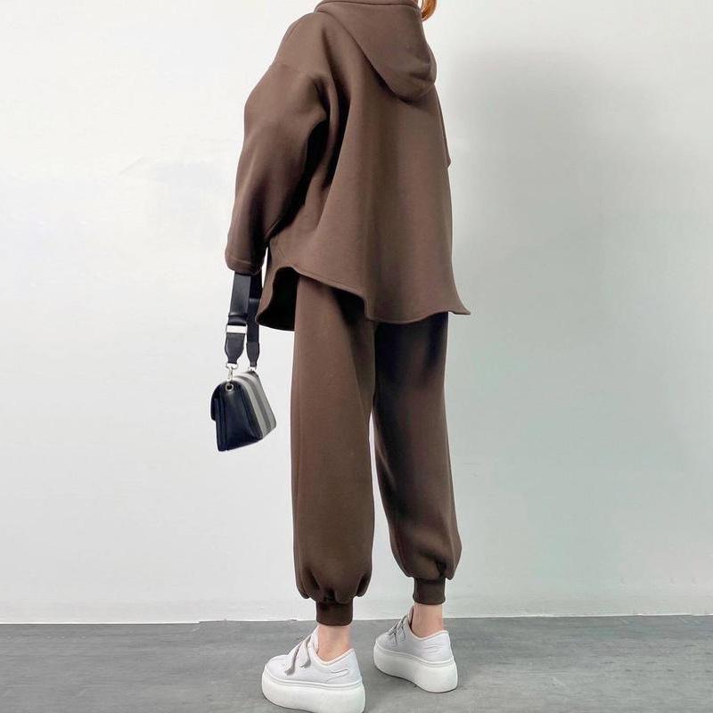Women Solid Color Long Sleeve Hooded V Neck Hoodies Suit Autumn Winter Loose Top Wide Leg Pants