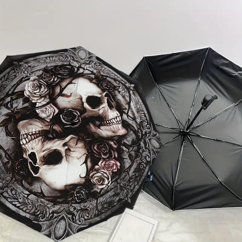 1 Stück Kreisförmiger Regenschirm mit Totenköpfen und Rosen und Kunststoffgriff, Geeignet für alle Jahreszeiten, Zuhause, Reisen, Outdoor-RegenschirmDD051
