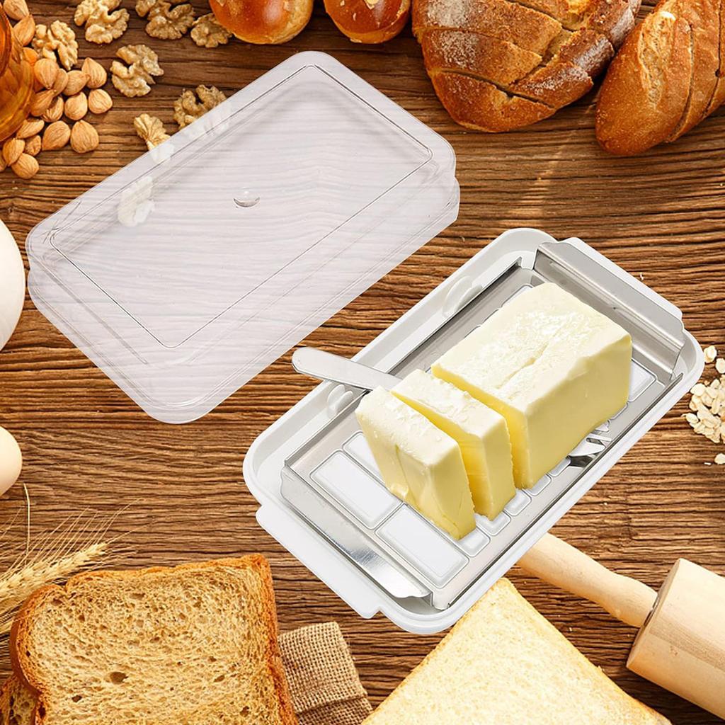 Miska na krájení másla s průhledným víkem a nerezovým kráječem, nádoba na skladování sýra do kuchyňské lednice