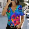 Damen V-Ausschnitt Cold Shoulder Bluse Regenbogen Abstrakt Schmetterling Ölgemälde Druck Kurzarm Top