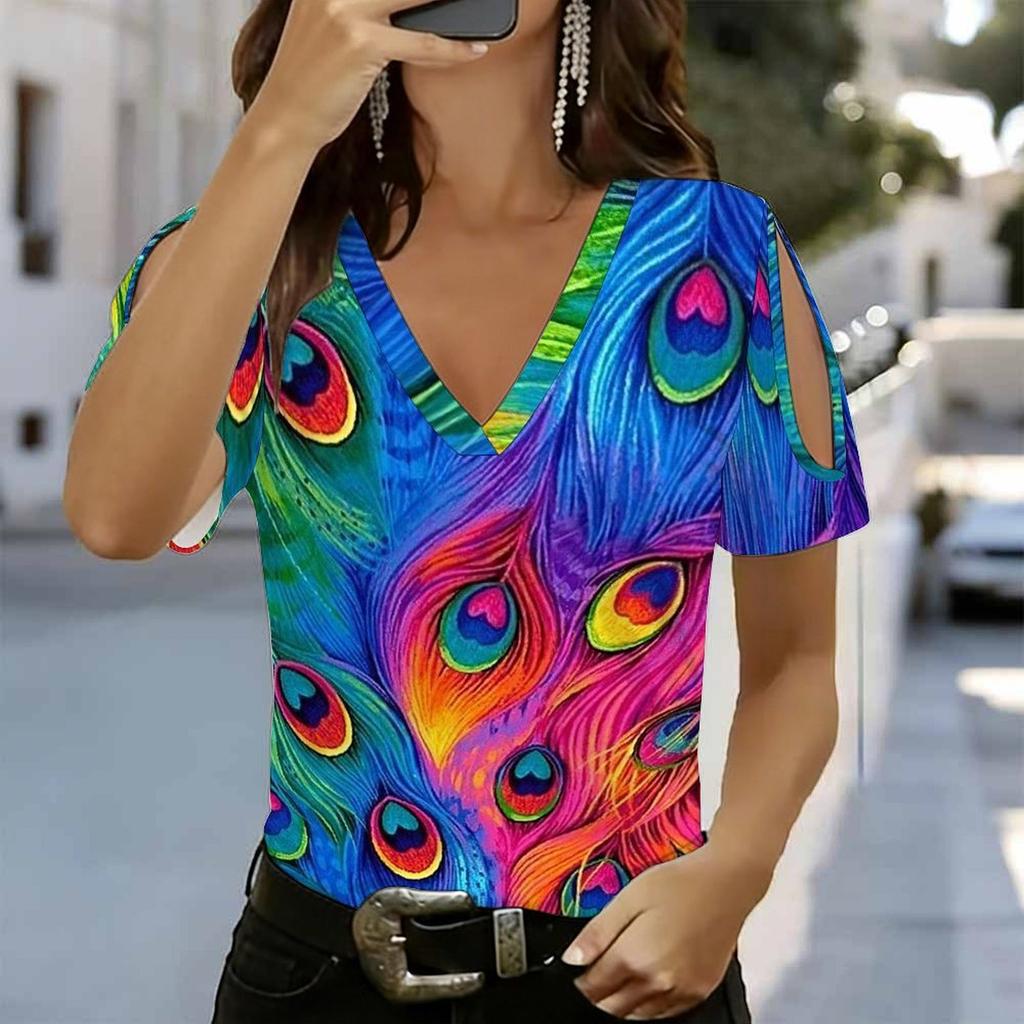 Damen V-Ausschnitt Cold Shoulder Bluse Regenbogen Abstrakt Schmetterling Ölgemälde Druck Kurzarm Top
