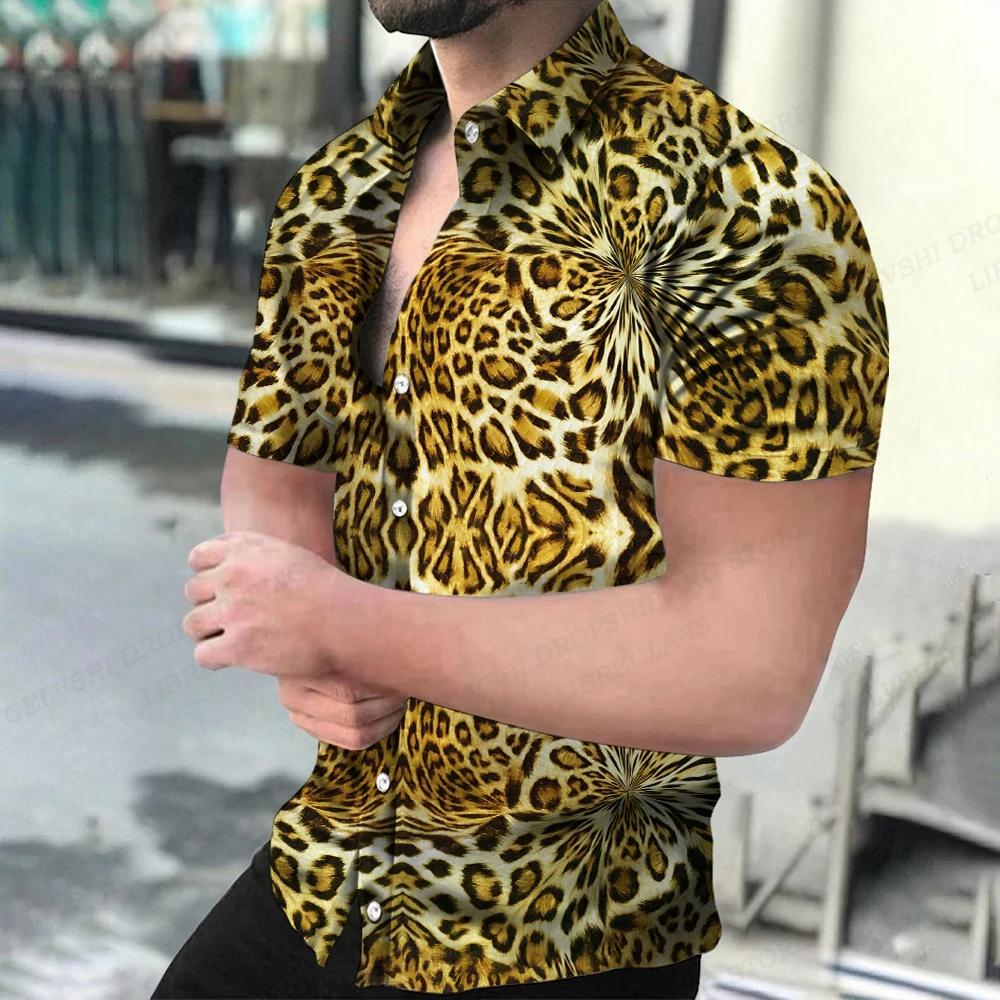 Camicie Hawaiane Estive da Uomo Collo a Revers Camisa Stampa 3D Leopardo Camicie Uomo Donna Manica Corta Camicetta Monopetto