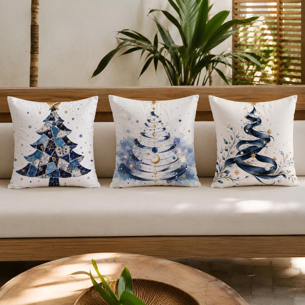 Blue Stars Pine Christmas Tree Cushion Cover Organic Short Plush Pillow Case Machine Washable Wrinkle-Resistant Soft Durable