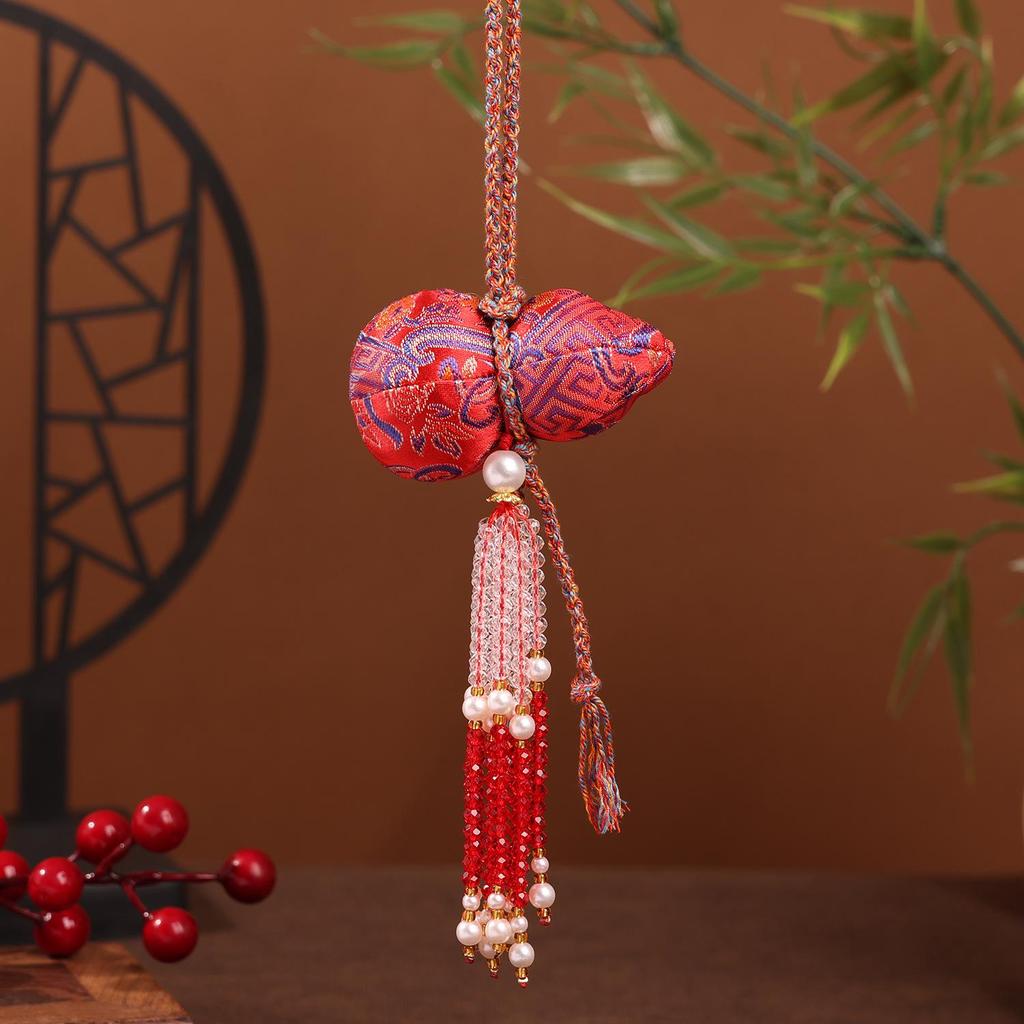 Chinese Style Gourd Pendant Keychain with Embroidered Sachet and Crystal Tassel - Hanfu Accessory and Creative Gift