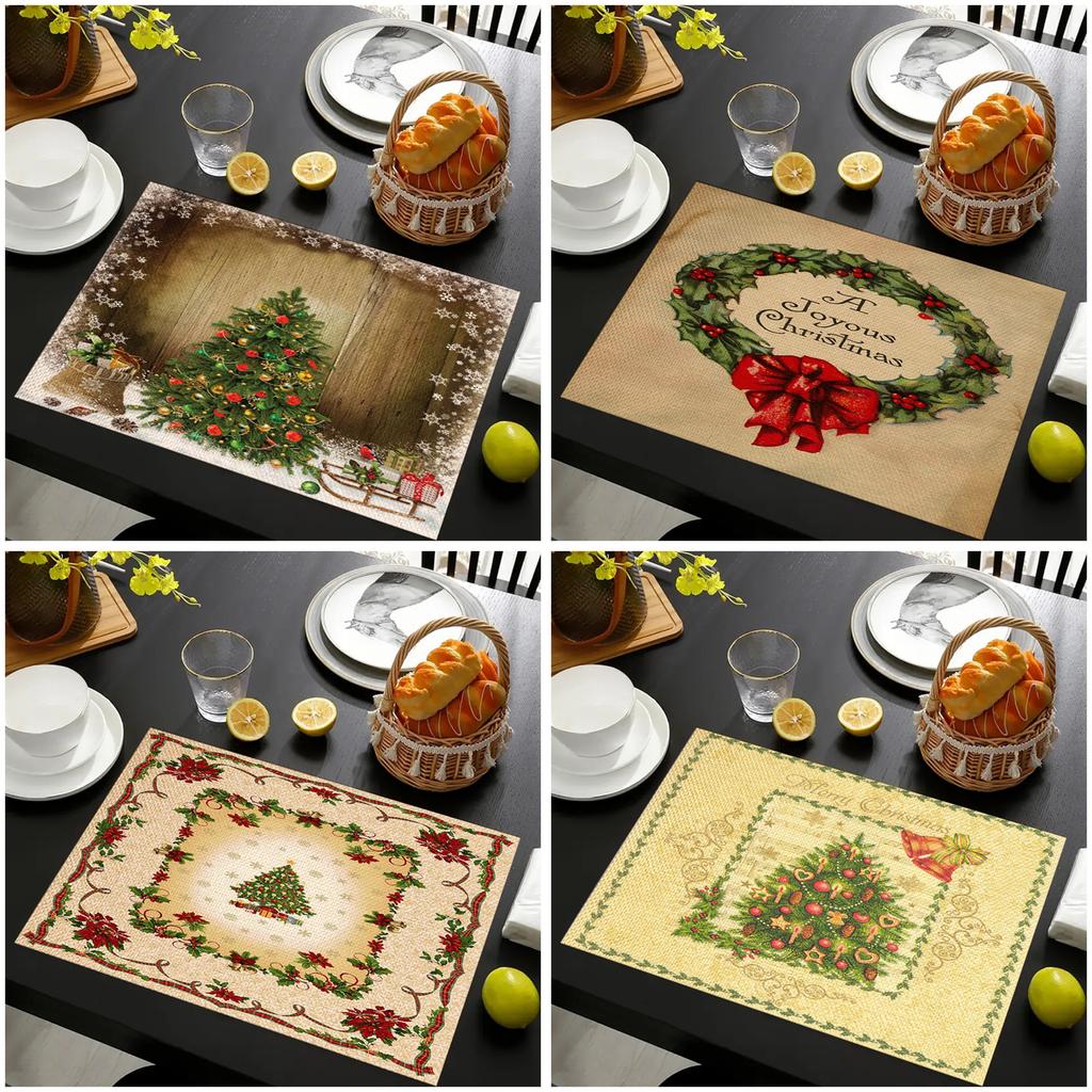 Christmas Linen Placemats Table Decoration Printed Placemat Non-slip Heat Insulation Anti-scald Pads Kitchens Accessories