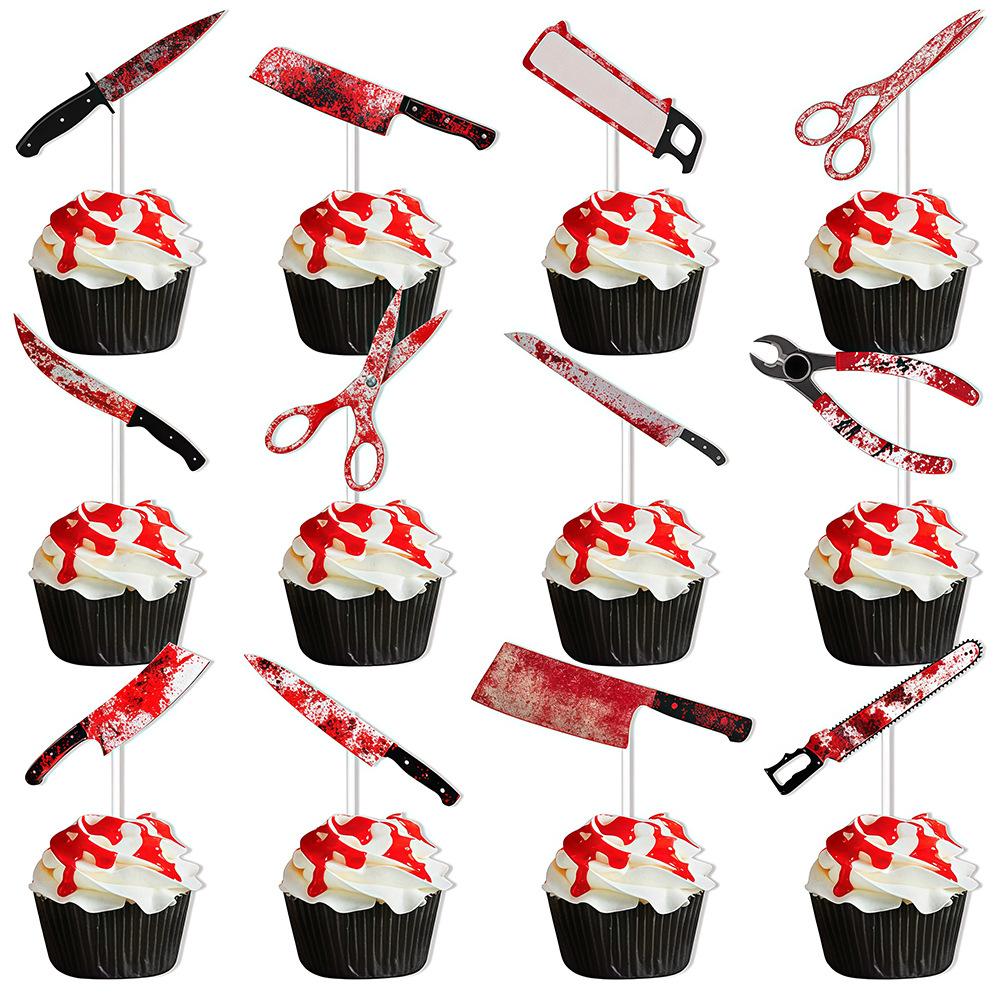 Halloween Cake Toppers – Bloody Knife & Cleaver Paper Flags for Spooky Party Cupcakes, Desserts, and Treats Decoration