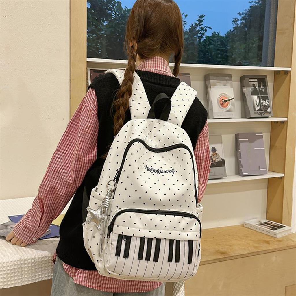 Nylon Casual Laptop Bag 16.9 Inch Polka Dot Piano Key Travel Daypacks with Pendant for Teen Girls Travel Shopping Daily Use