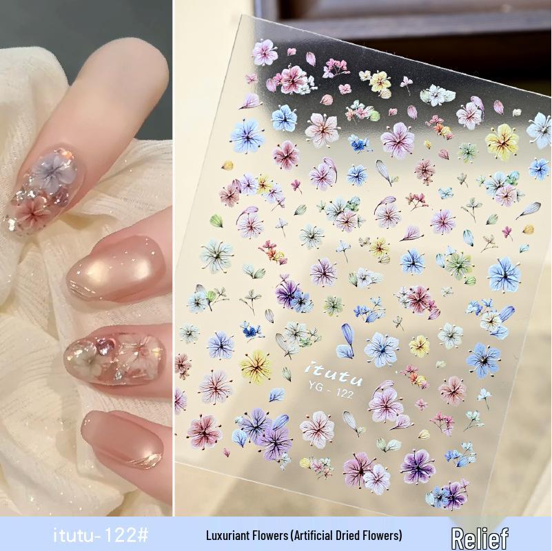 

3D Цветные Наклейки для Ногтей с Сухоцветами – Рельефные Цветочные Декали для Нейл-арта