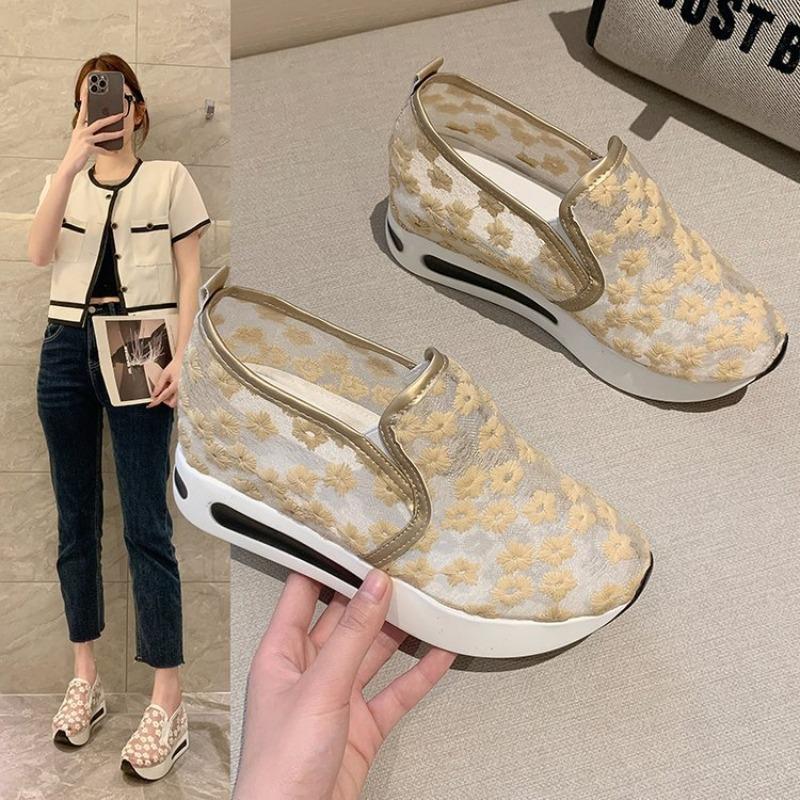 Women's fashion flat bottom inner height increase mesh yarn breathable casual single shoes support platform one piece