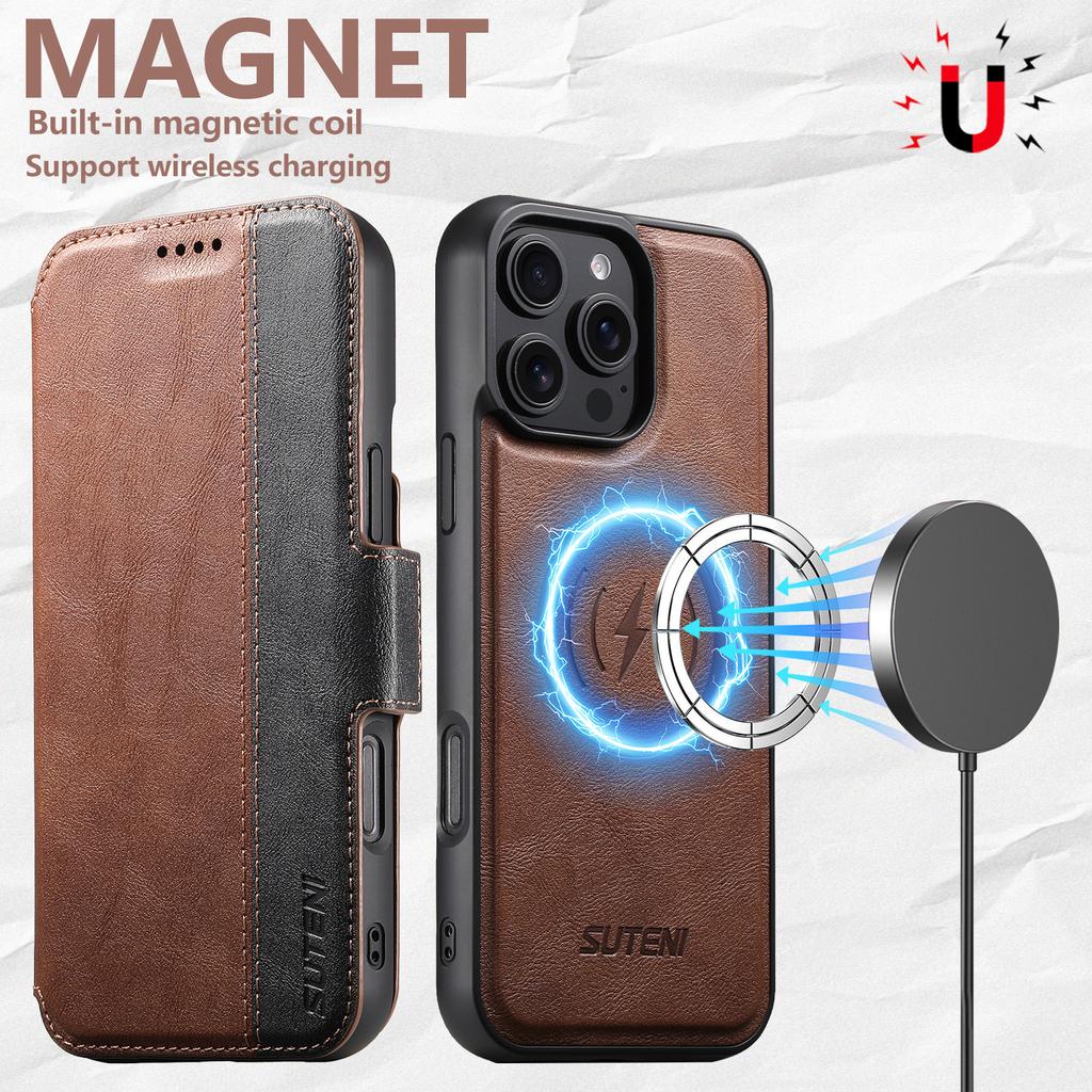 Faux Leather Wireless Charging Card Holder Stand Wallet Magnetic Flip Cover Phone Case for IPhone 16 Pro Max 15 Plus 14