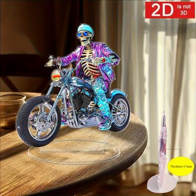 2D Flat, Hip Hop Skull Riding Motorcycle Acrylic Statue Print with Stand - Perfect for Bedroom, Desk Decor and Unique Gift Ideas