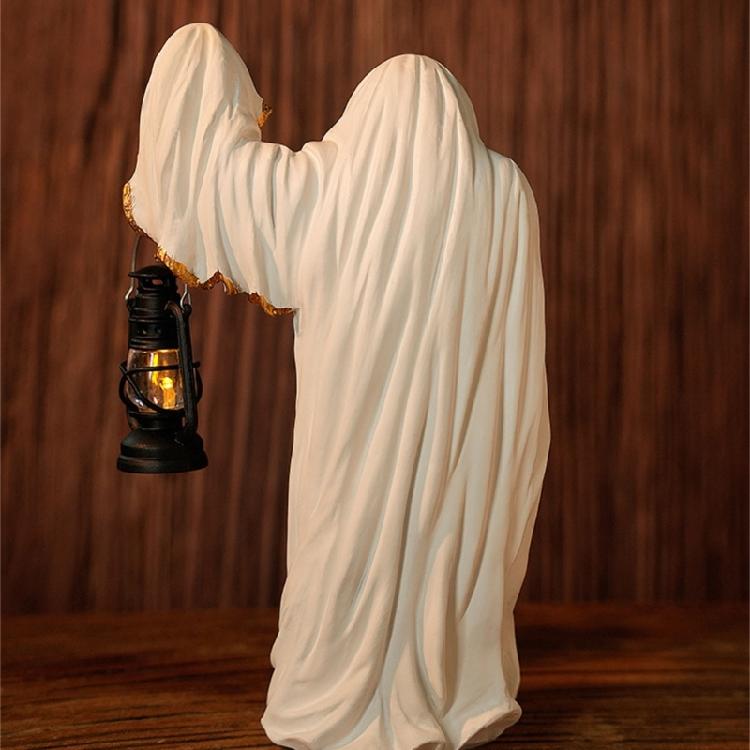 Halloween Wizard Holding Lanterns Sculpture with Intricate Carving Weather Resistant Resins Ornament For Mystical Displays