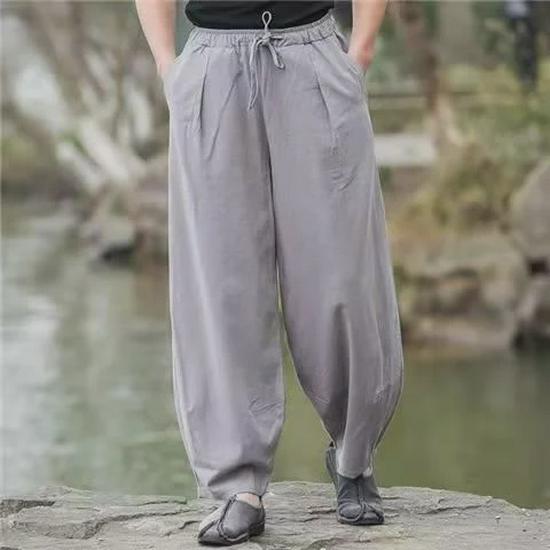Men's Summer Loose-Fit Cotton Linen Wide-Leg Elastic Waist Sports Pants