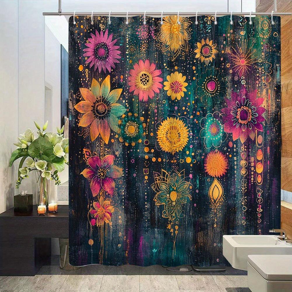 Eğlenceli Doğal Desenli Çiçekli Duş Perdesi, Ortaçağ Tarzı Banyo Dekorasyonu, Polyester Kumaş, 12 Kanca Dahil