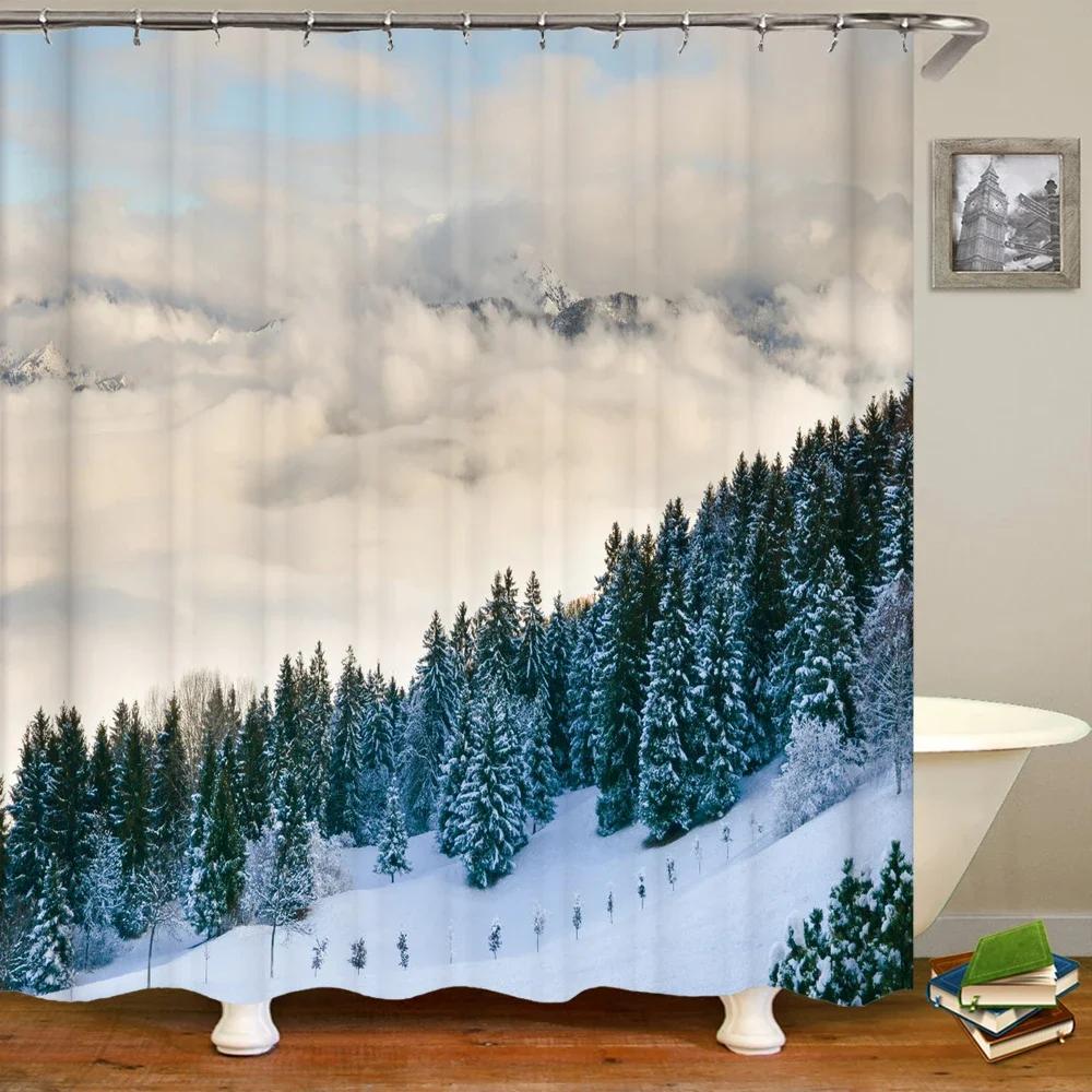 Natural landscape Snowflake Cedar Tree Shower Curtains Bathroom Curtain Frabic Waterproof Polyester Bath Curtain with Hooks