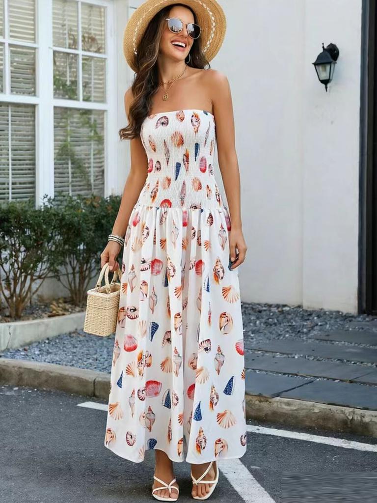 Women's Multi Color Abstract Print Strapless Maxi Dress Elastic Waist Flowy Long Dress