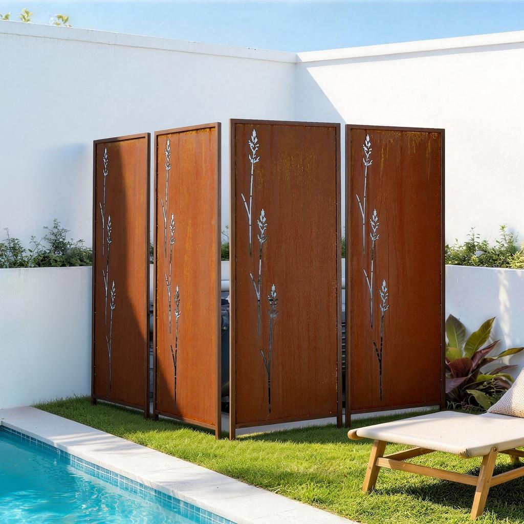 Metal Privacy Screen, 50 x 160 cm Freestanding Modern Privacy Fence, Garden Divider Panel with Extended Ground Stakes & Carbon Steel Plate,