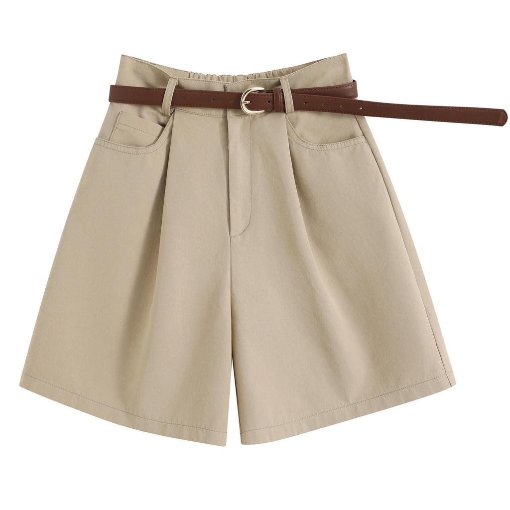 Khaki Women's Summer Cargo Shorts - Lightweight, Loose, A-Line, Mid-Length, High-Waist, 5-Point, Cotton Linen.