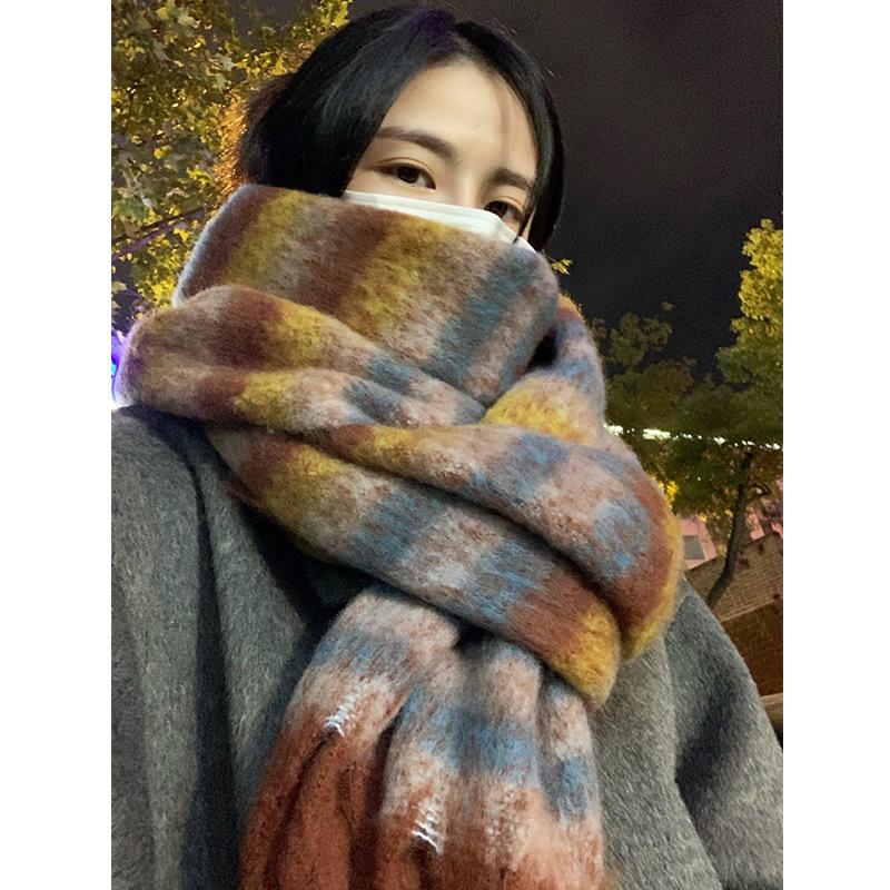 Rainbow scarf women's plaid mohair warm shawl versatile winter new high-end windproof plush scarf men