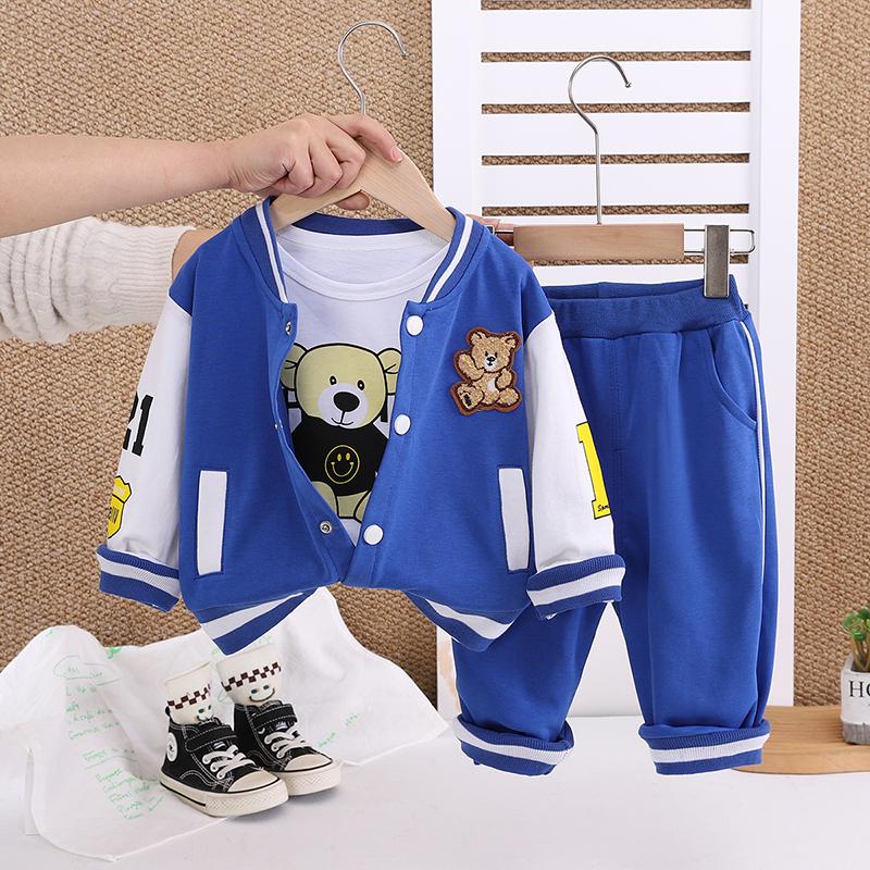 Boys' Long Sleeved 3-piece Set, Children's Teddy Bear Printed Jacket, Cute Clothes for Boys In Autumn and Winter