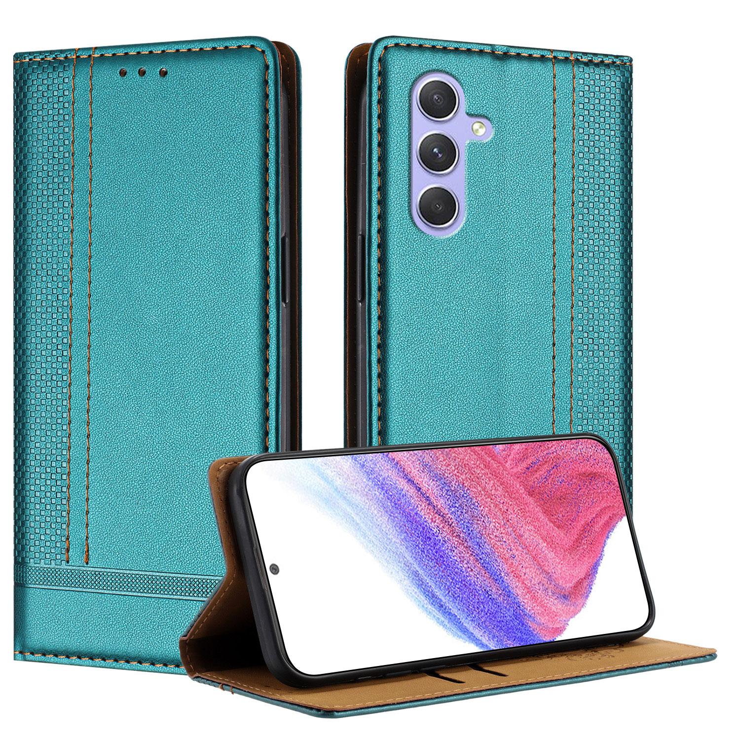 

For Samsung Galaxy A55 5G Case L-Shaped Grid Pattern Leather Stand Phone Cover with Card Slots Green