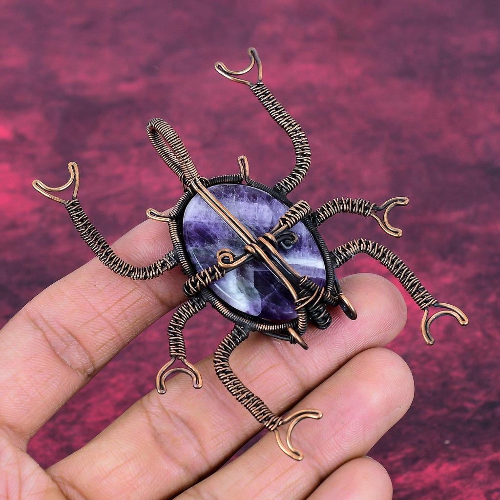 Chevron Amethyst Pendant Beetle Pendant Copper Wire Wrapped Gemstone Jewelry