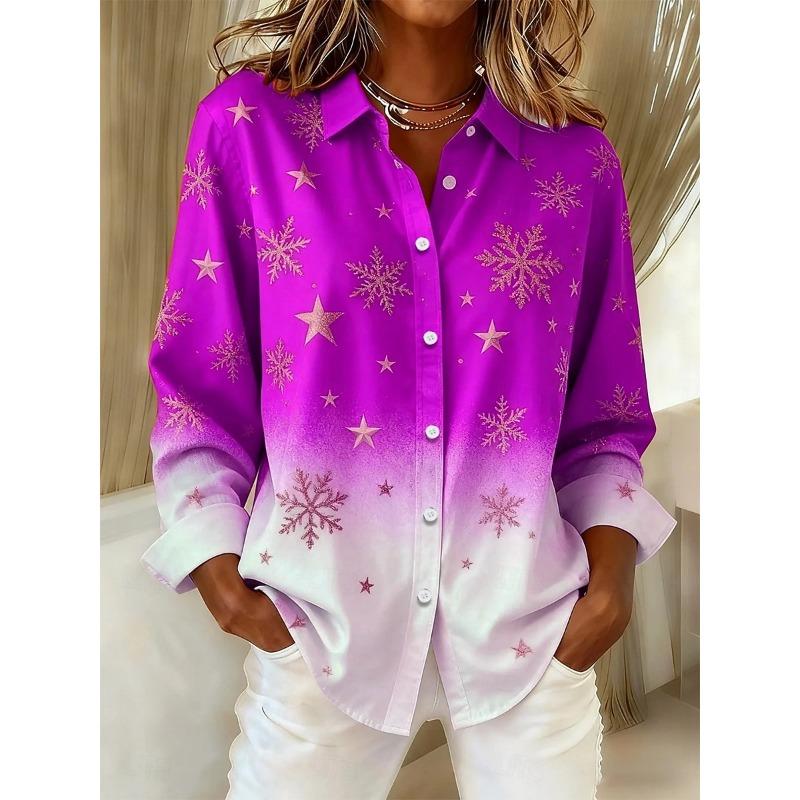 Christmas Theme Women's 3D Printed Snowflake Long Sleeve Shirts Casual Christmas Blouse for Party Button-Up Tops For Women