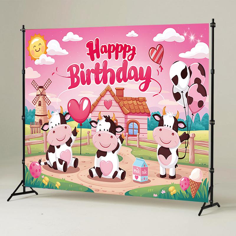 1 piece, birthday happy cartoon cow farm background decoration, polyester banner decoration, home decoration