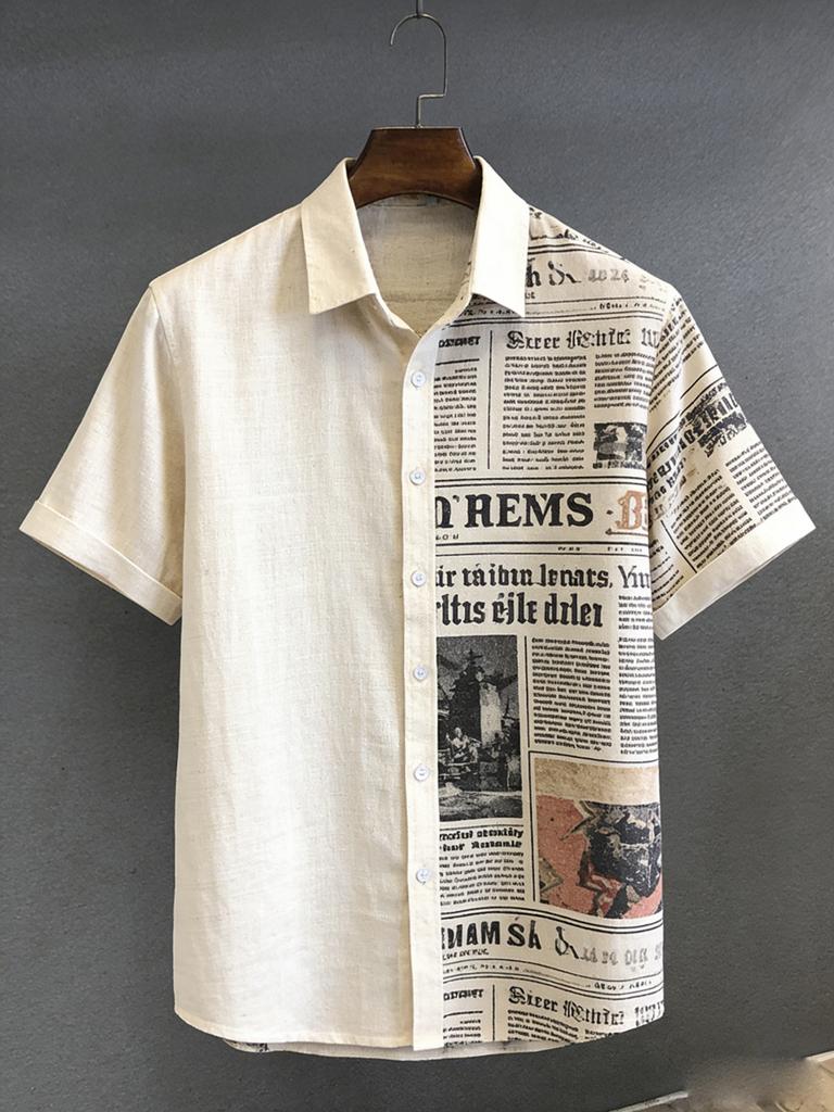 2026 New men's summer simple retro short-sleeved lapel shirt beige graffiti 3D printed shirt outdoor casual outdoor men's tops