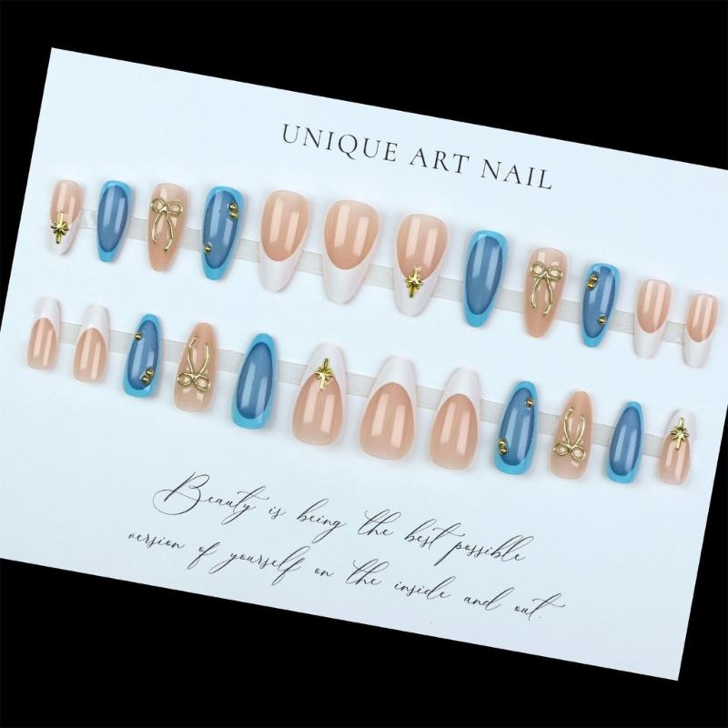 Pack Of 1Set French Style 3D Bows Blue Green Gradient Almond Shape Fake Nail ABS Material For Women
