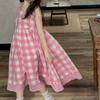 Girls' Summer Casual Pink Checkered Sleeveless Vest Dress with Temperament Fashionable Pastoral Style Dress