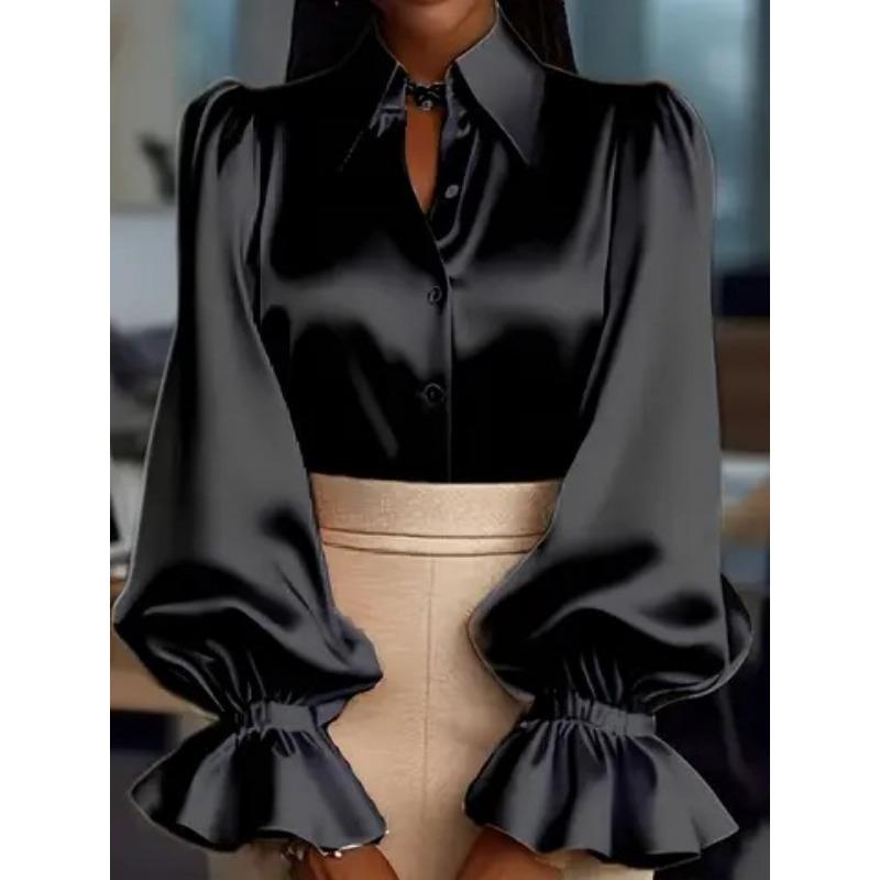 Women Solid Color Puff Sleeve Long Sleeve Turn Down Collar Commute Satin Shirt