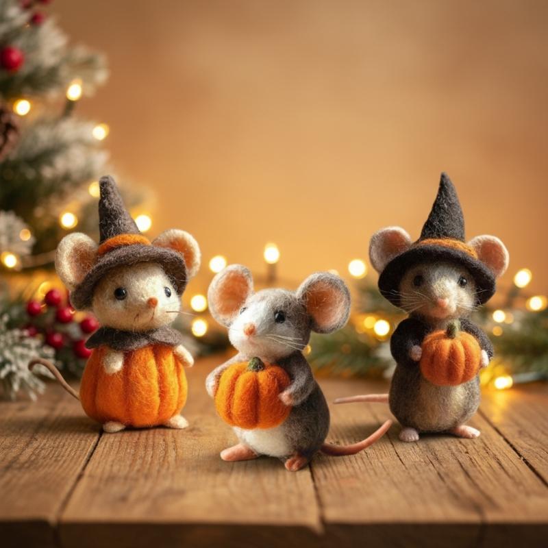 Festives Felt Pumpkin Mouse with Witch Hat Ornament For Halloween Party Home Office Desk Decors Handmade Craft Gift